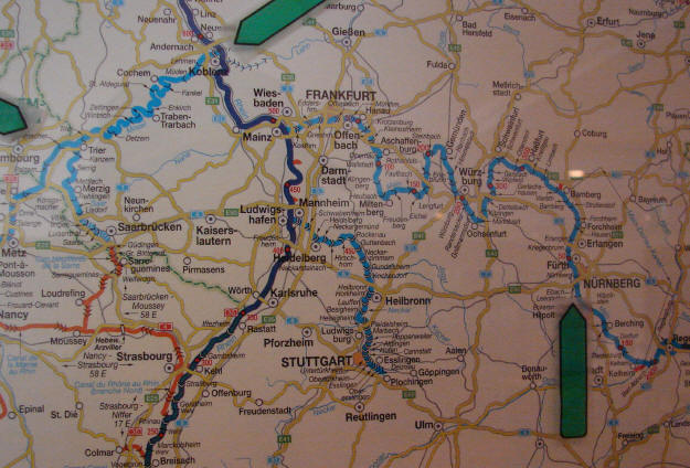 A map of our cruise with AMA WATERWAYS begins in TRIER, Germany, on the Mosel River. We followed the Mosel northeast to Koblenz and followed the Rhine River to Mainz where we began our cruise along the Main (pronounced "mine") River from Wurzburg to Bamberg. At Bamberg we began "lock jumping" in the Main-Danube canal to Nurnberg, or as close as we could get, given that we had some 22 barges up ahead of us.